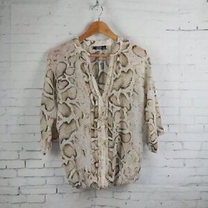 A.N.A TAN & BLACK SNAKESKIN PRINT V NECK 3/4 SLEEVE SEMI SHEER TOP SIZE SMALL